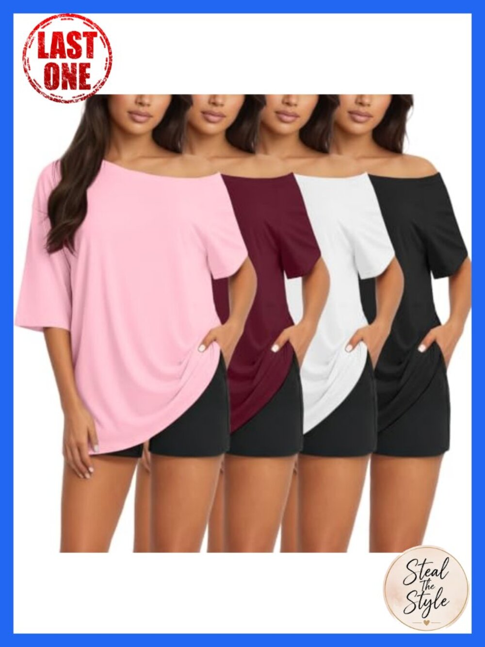 Off Shoulder Oversized Short Sleeve Tshirts 4 Pack Women